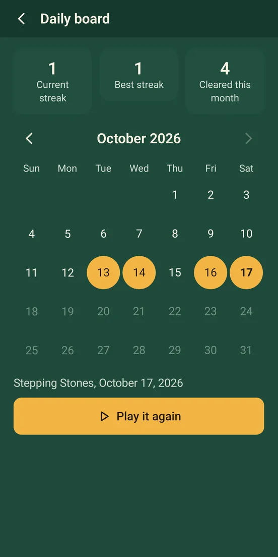 The daily board calendar with cleared days marked